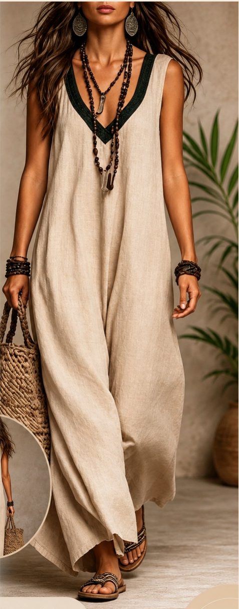 Vestido de linho em tom natural, decote em V com acabamento verde escuro e comprimento longo