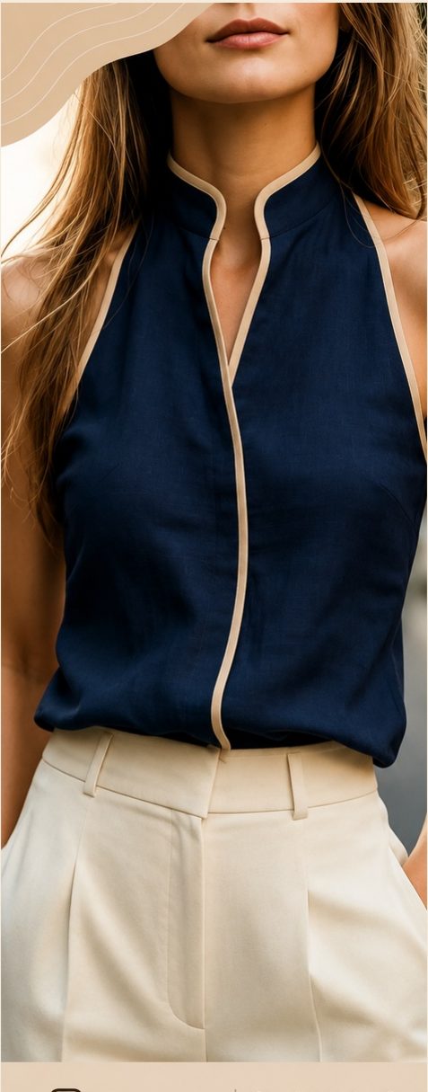 Blusa azul-marinho de gola alta, com viés claro no acabamento
