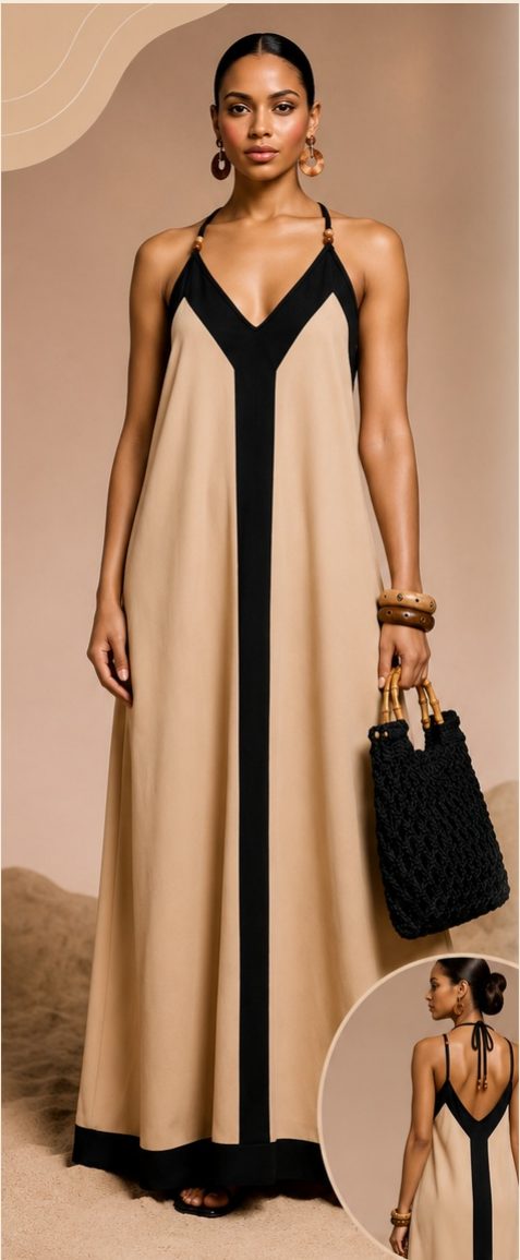 Vestido longo em tom nude com recortes pretos no decote e nas alças