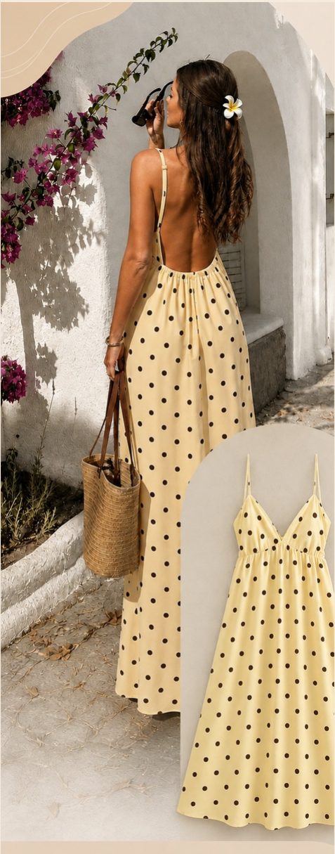 Vestido longo amarelo de poás pretos, com costas abertas